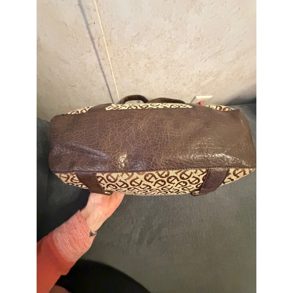 Etienne Aigner Monogram Jacquard Satchel‎ Bag Brown Tan Gold Tone Hardware